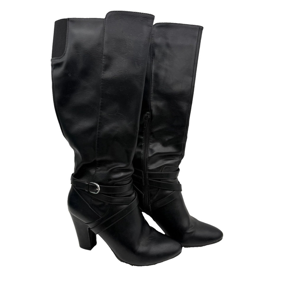 143 Girl Tall Black Womans Boots Sz 7 M 3.75" Heel 17" Tall EUC Witchy Goth Read